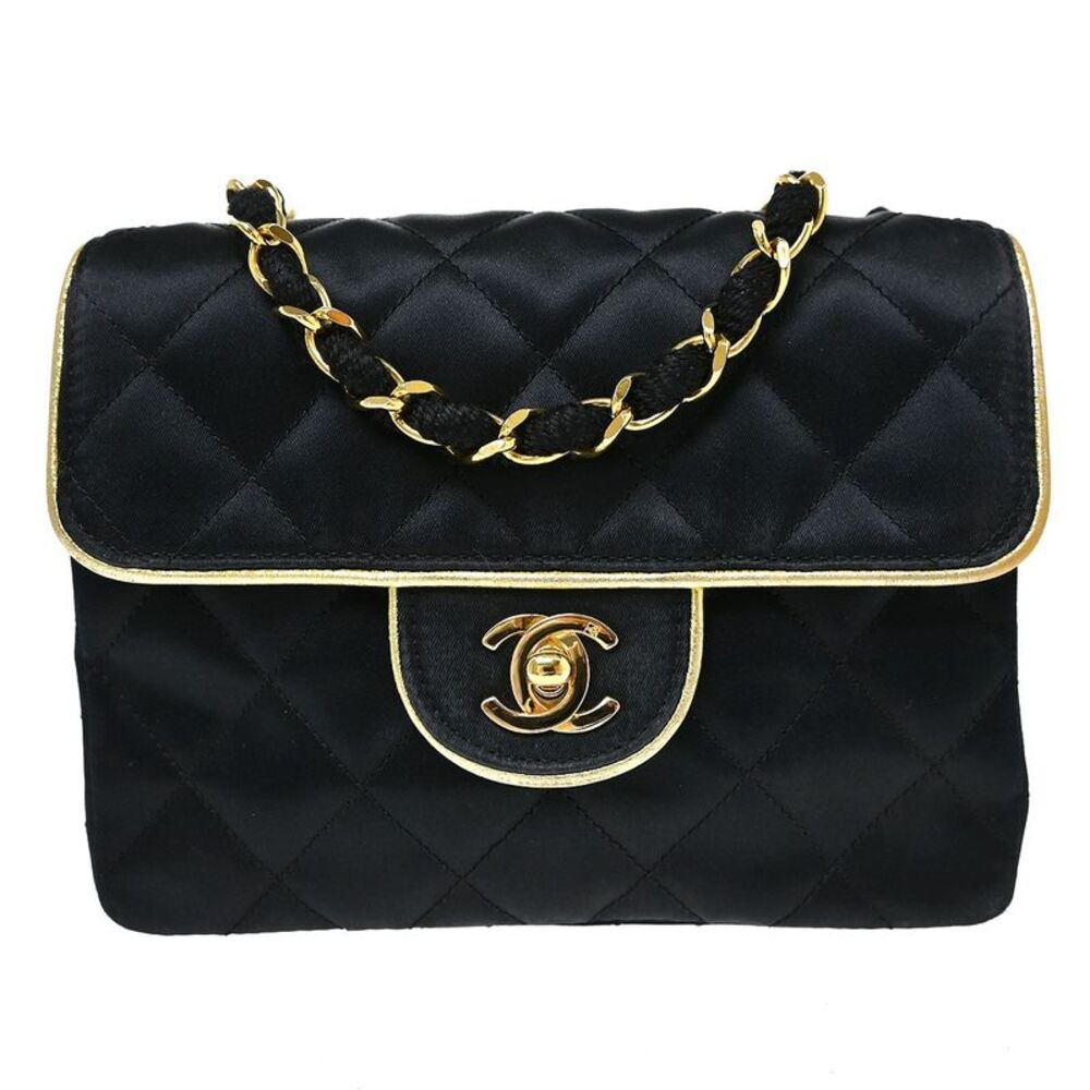 Chanel Vintage Square Classic Single Flap Quilted Satin Black Satin Handbag